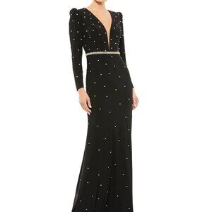 Mac Duggal Black Long Sleeve Prom Dress formal with White Accents